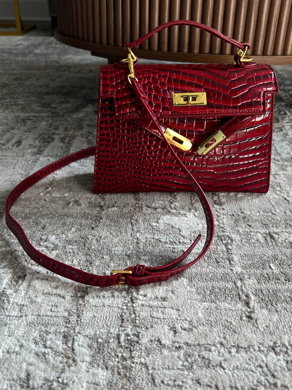 Red Croc-Embossed Top Handle Bag with Gold Hardware